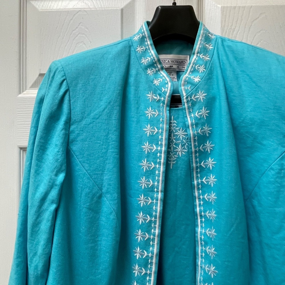 Vintage Jessica Howard Woman‎ 14 Embroidered Turquoise Jacket & Tank Set Linen